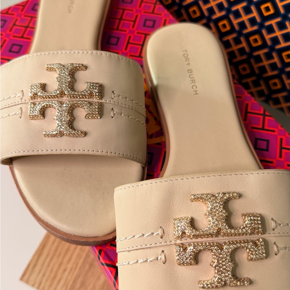 Tory Burch Limited Edition Beige Cream Everly Rhinestone Logo Slide Sandals - Picture 3 of 6
